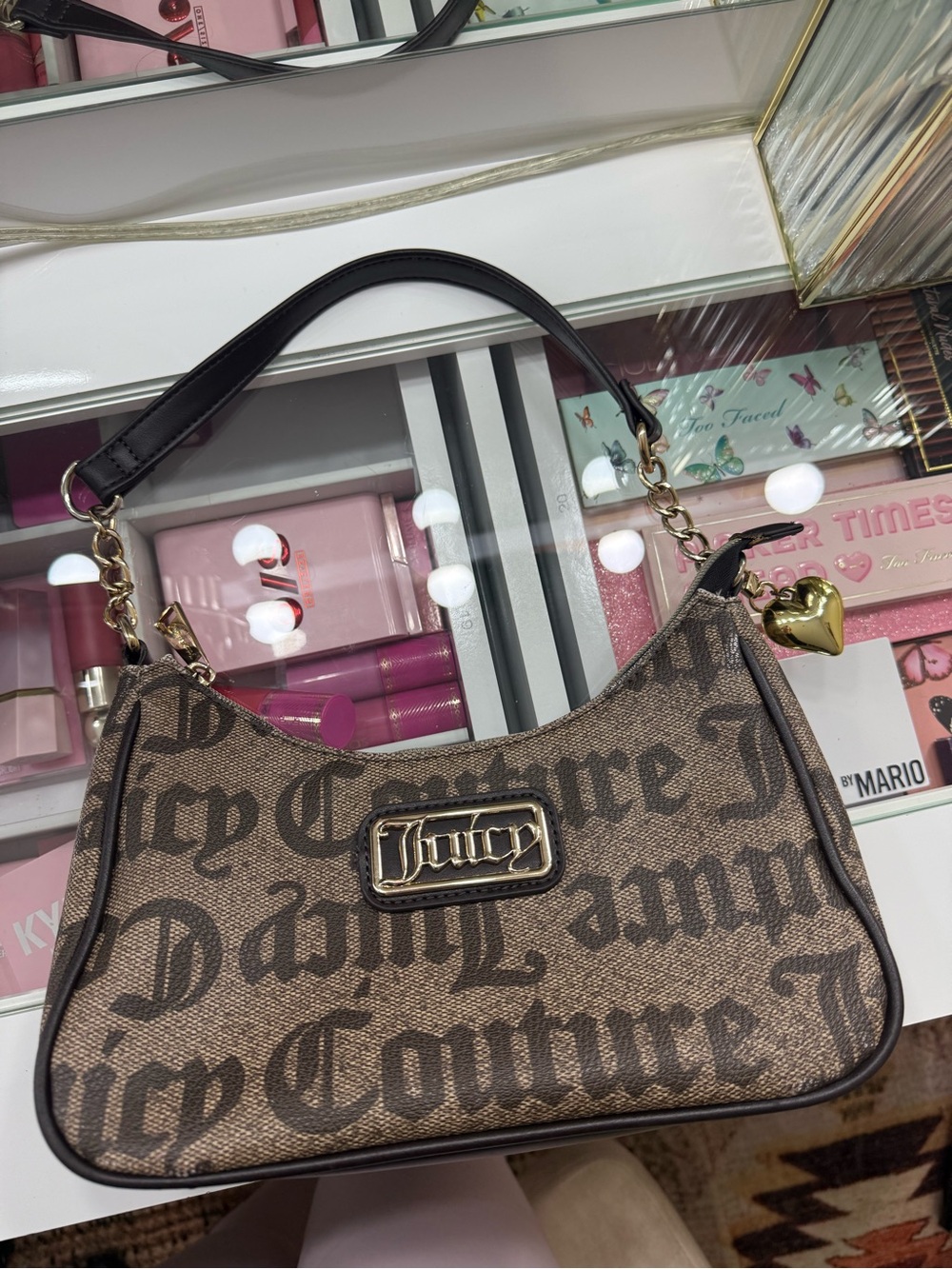 Juicy Couture Brown Logo Canvas Shoulder Bag with Gold-Tone Accents